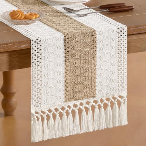 Socomi Boho Table Runner Summer Farmhouse Rustic Dining Kitchen Centerpiece Decor Small Macrame Woven Cotton Linen Coffee Table Runner for Dresser Scarf Home Decor 12x60 inch - color: Brown & Ivory, size: 12" X 60"
