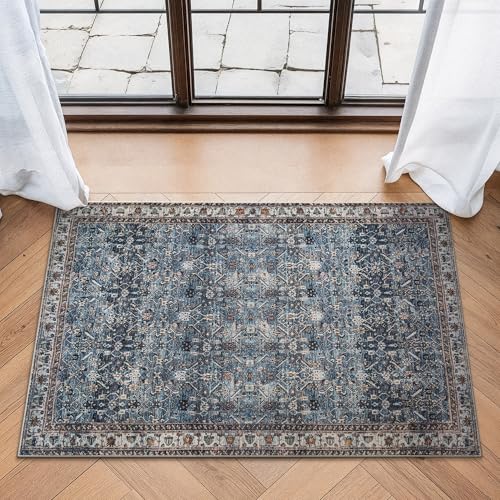 Bloom Rugs Washable Non-Slip 2' x 3' Rug - Blue/Beige Traditional Oriental Area Rug for Living Room, Bedroom, Dining Room, and Kitchen - Exact Size: 2' x 3' - color: Blue / Beige, size: 2' x 3' (Rectangular)