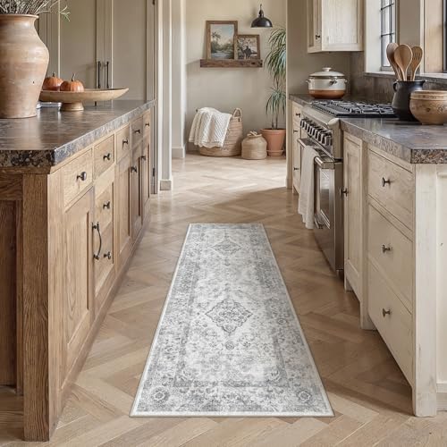 PureCozy Grey 2x6 Runner Rug for Hallway Washable Vintage Floral Medallion Soft Long Carpet Low Pile Non Slip Distressed Indoor Doormat for Kitchen Laundry Dining Living Room - color: Grey, size: 2' x 6' (Runner)