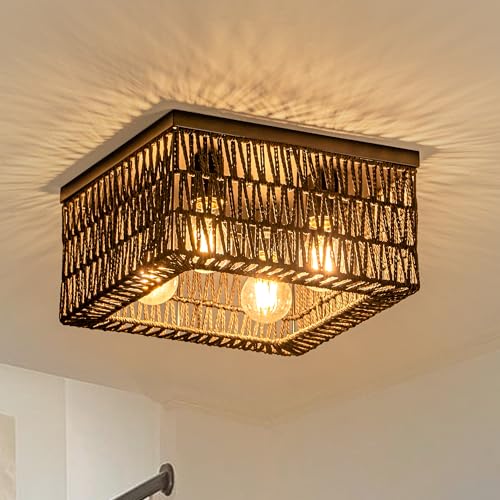 Rpzloila Black Rattan Ceiling Light, 4-Light Boho Light Fixture, Square Flush Mount Ceiling Light for Bedroom, Hallway, Entryway, Kitchen, Living Room - color: Black, size: 4-Light-Square
