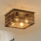 Rpzloila Black Rattan Ceiling Light, 4-Light Boho Light Fixture, Square Flush Mount Ceiling Light for Bedroom, Hallway, Entryway, Kitchen, Living Room - color: Black, size: 4-Light-Square