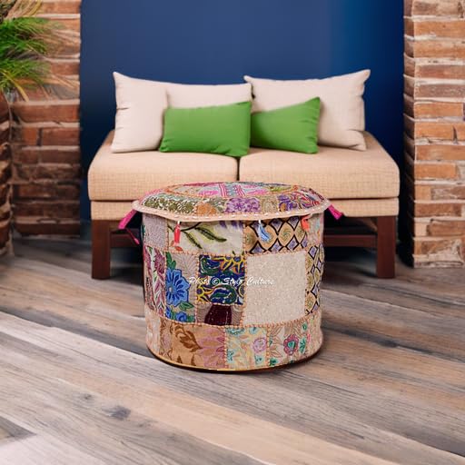 Round Ethnic Cotton Ottoman Pouf Cover Patchwork Embroidered Beige Floral Pouffe Furniture Stool Indian 45 cm Footstool Floor Cushion Decor Bean Bag Living Room - color: Beige