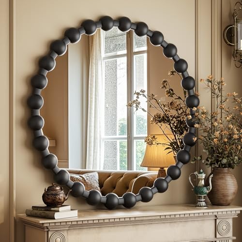 Easly Round Mirror for Wall, 24 Inch Black Beaded Frame Decorative Vanity Mirror, Circle Bathroom Mirror with High-Definition Lense, Modern Wall Decor for Bathroom, Living Room, Bedroom, Entryway - color: Black, size: 24"L x 24"W