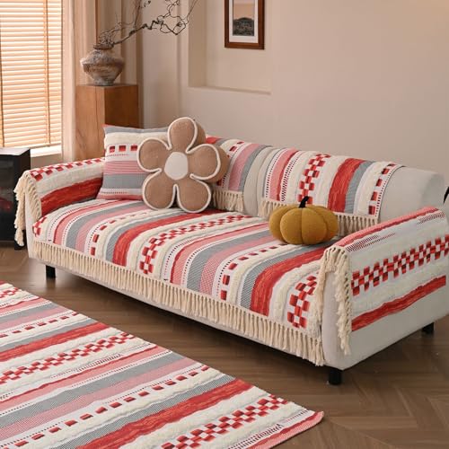 VClife Dog Boho Couch Cover, Washable Furniture Protector, 35.4 x 35.4 in | Tufted Tassel Sofa Cover, Non Slip Woven Geometric Sofa Slipcover, Multi-Size Universal Throw Cover For Couch, Pet Friendly - color: 02# Red Stripe, size: 35.4" x 35.4"