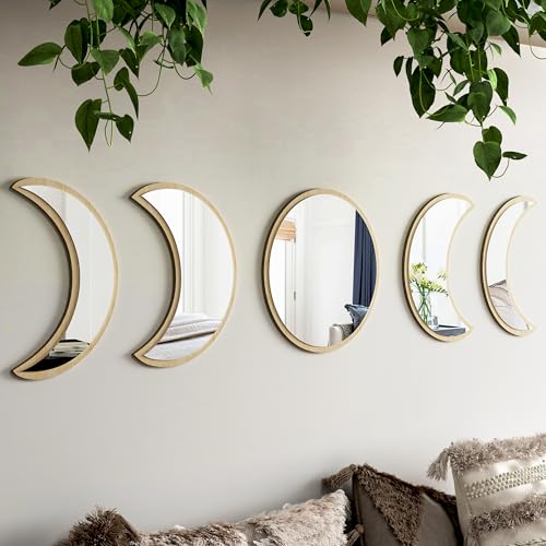 10.4" Raw Acrylic Moon Phase Wall Mirror Set - 5-Piece Boho Celestial Decor for Living Room Bedroom Entryway, Easy Stick-On Installation, Shatterproof Safety Design - color: Raw