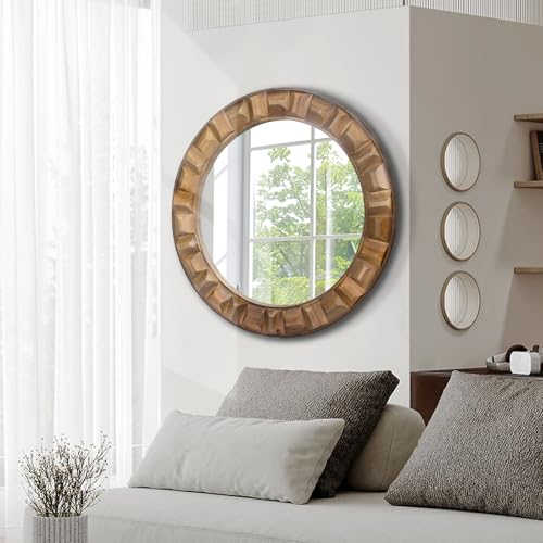 30 Inch Dark Solid Wood Round Wall Mirror, Brown Wooden Decorative Circle Mirror for Bathroom, Bedroom, Living Room, Entryway, Hallway, or Foyer - color: A - Round - 30x30 in