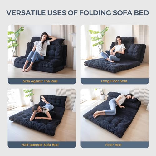 MAXYOYO Folding Sofa Bed, Tufted Bean Bag Bed with Pillows Floor Couch for Adults, Extra Thick and Long Floor Sofa, Full Floor Couch Bed for Bedroom Living Room, Black, 54x91 Inch - color: Black, size: Tufted Full