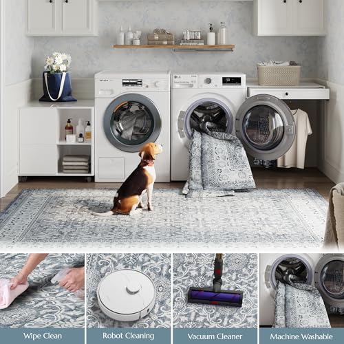 jinchan Floral 2x3 Rugs for Entryway - Machine Washable Grey Vintage Distressed Boho Design Soft Faux Wool Small Non-Slip Doormat for Entrance Kitchen Living Room Bedroom Farmhouse (2‘x3', Grey) - color: Multi Grey, size: 2' x 3' (Buttery Soft)