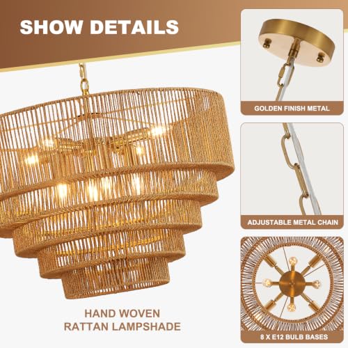 25.6" Large Boho Rattan Chandelier, 8-Light Vintage Farmhouse Hand Woven Wicker Chandeliers Light Fixture, 5-Tier Rustic Drum Pendant Light for Dining Room Kitchen Island Living Room, E12 - color: Golden 25IN