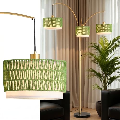 Gold Rattan Floor Lamp for Living Room, 80 Inch Tall Boho Floor Lamp with Rotary Switch, 3 Lights Arc Lamp with Green Wicker Shade for Coastal,Bohemian,Tree Farmhouse Standing Lamp - color: Green+Gold
