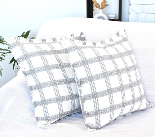 Checkered Throw Pillow Covers with Fringe Set of 2 Woven Cotton Plaid Cushion Covers With Tassels Trim Edge Square Pillow Cases Classic Scandinavian Cottagecore Checks Pattern Grey and White 20x20 - color: Grey, size: 20" x 20" (Pack of 2)