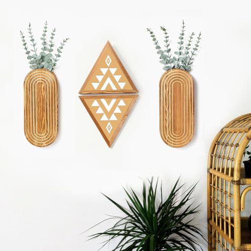 2 Pack Carved Wood Wall Planters with Fake Eucalyptus Stems for Wall Decor - Boho Wooden Wall Art for Living Room, Bedroom, Bathroom (Brown)