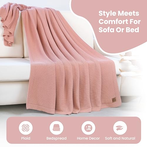 Dalisa 100% Organic Turkish Cotton Throw Blanket Harbor Mist– GOTS Certified, Cozy, with Reusable Cotton Gift Bag – Perfect for Couch, Bed, and Home Decor – Boho Vintage Knit Alina (Pink, 80x90) - color: Pink, size: 80x90