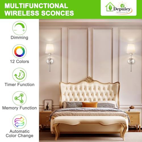 Depuley Battery Operated Wall Sconce: Set of 2 Wireless Wall Lights with Remote for Bedroom - Rechargeable 15 Colors 19.9" Wall Lamp for Living Room Hallway Decor - color: Brushed Nickel, size: 19.9 Inch Set of 2