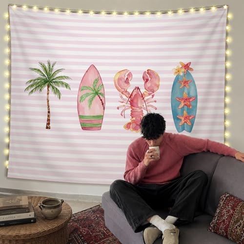 SkyCozy Pink Surf Coastal Beach Wall Tapestry,Surf Board Room Decor, Summer Coastal Preppy Trendy Retro East Coast Coquette Surfboard Crawfish Tapestry Decor for Girls Room College, 50x60 Inch - color: 01- Surf Coastal Tapestry(Pink)