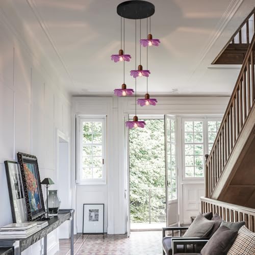 Purple Flower Glass Pendant Light 6-Light Cluster Chandelier Adjustable Hanging Ceiling Light Modern Pendant Lamp for Entryway Dining Room Living Room Foyer - color: Purple, 6 Lights