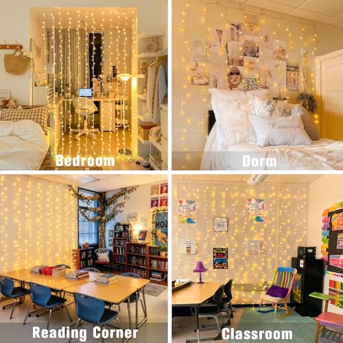 JMEXSUSS 300 LED Remote Control Curtain Lights, Plug in Fairy Curtain Lights Outdoor, Window Wall Hanging String Lights for Bedroom Indoor Dorm Backdrop Wedding Party Patio Christmas Decor, Warm White - color: *Warm White, size: 300 LED