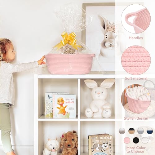 Goodpick Small Woven Basket for Gifting, Small Storage bins for Toys, Baby Gift Baskets for Nursery, Pink Rope Basket for Gifts, Decorative Baskets with Handles, 12" x 8" x 5" - color: Light Pink, size: 12x8x5 Inch (Pack of 1)