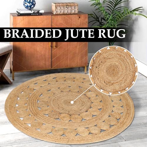 Hand Woven Jute Area Rug - 4' Round - Rustic Beige Reversible Farmhouse Rugs for Bedroom, Kitchen, Living Room - Vintage Natural Braided Entry Floor Décor Circle Boho Round Rugs 4 feet - color: Natural, size: 4' (Round)