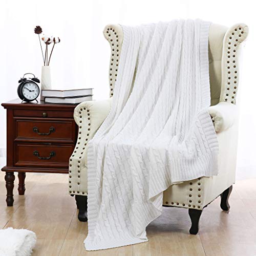 uxcell 100% Cotton Knitted Throw Blanket for Sofa and Couch Soft Lightweight Cable Knit Blanket Home Decors Blanket, White 50" x 60" - color: White, size: Throw (50" *60")