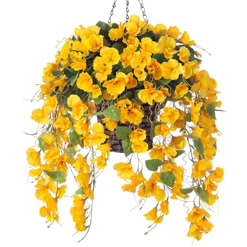 HyeFlora Artificial Hanging Flower Baskets for Spring Decoration, Outdoor Fake Plant Faux Silk Hibiscus Long Vines in Planter UV Resistant Realistic Flowers for Outside Porch Patio Home Decor, Yellow - color: Yellow