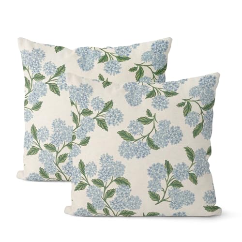 Spring Pillow Covers 18x18 Inch 2 Pcs Blue Green Hydrangea Flower Decor Throw Pillows Vintage Floral Seasonal Summer Outdoor Decoration Pillowcase Linen Cushion Cover for Couch Sofa - color: Hydrangea, size: 18" x 18" (Pack of 2)