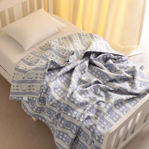 NTBAY 3 Layer Muslin Cotton Toddler Blanket, Jacquard Reversible Nursery Bed Blanket, Super Soft and Thermal for All Seasons, Decoration Gift, 30"x40", Blue Bear - color: Blue Bear, size: 30x40 Inch (Pack of 1)