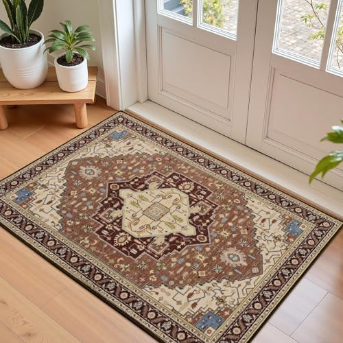 Macgace 2x3 Mousse Brown Small Area Rug for Entryway, Soft Washable Rugs with Non-Slip Backing for Bedroom Kitchen, Vintage Throw Carpet Laundry Entry Front Door Decor - color: Brown & Beige, size: 2' x 3' (Rectangular)