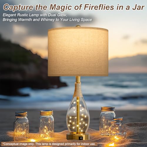 OYEARS 23" Table Lamps for Living Room Set of 2 Bedside Lamps for Night Stands Bedroom Lamps Farmhouse Rattan Boho Lamp Glass Nightlight End Table Lamp with USB C+A (Gold),Two Light Points - color: Light Gold