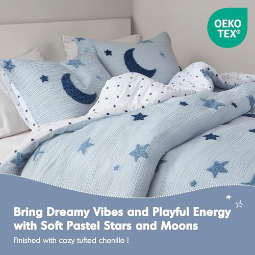 Intelligent Design Kids Cosmos Twin Size Duvet Set – Blue Star and Moon Tufted Chenille, Reversible 2-Piece Bedding with Star Pillow - color: Blue, size: Twin