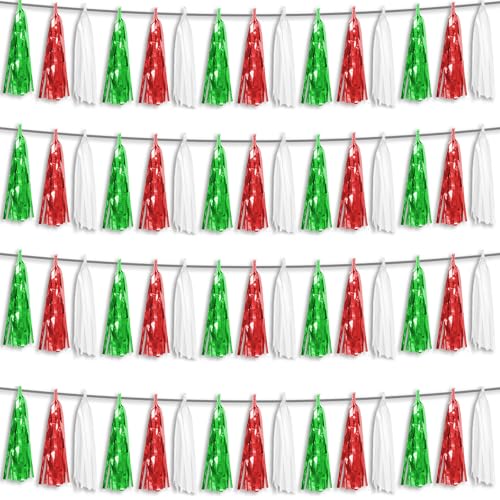 4P Red Green White Foil Fringe Metallic Tassel Streamers Banner Tassel Garland for Parade Floats, Graduation, Wedding, Birthday, Halloween, Christmas, Mexican Italian Birthday Party Decorations - color: Red Green White
