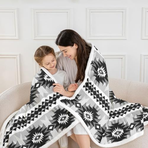 Feelyou Western Sherpa Blanket Plush Fuzzy Southwestern Aztec Fleece Throw Blanket Boys Girls Geometric Vintage for Bed Couch Chair Living Room Boho Tribal Rustic Bedroom Decor Black Grey Twin 60"x80" - color: Black Grey, size: Twin