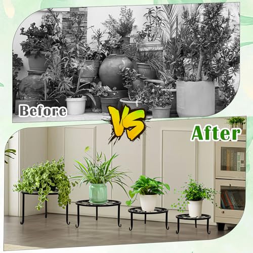 Metal Plant Stands for Outdoor Indoor Plants, 7 Pack Anti-Rust Iron Flower Plant Pot Stands, Floor Plant Holder Heavy Duty Plant Round Shelf for Multiple Plant Patio, Home Garden Decor Racks (Black)