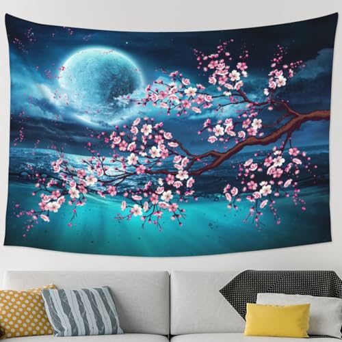 Keiutexe Full Moon Over Ocean Tapestry 60" X 40" Japanese Cherry Blossom Wall Hanging Party Decorations Home Decor For Bedroom Living Room Dorm (150 X 100cm) - color: Full Moon, size: 60 X 40 Inch