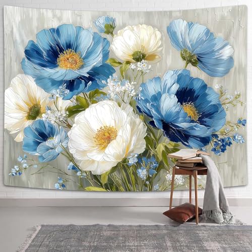 DYNH Blue White Floral Tapestry,Natural Aesthetics Elegant Tapestrie,Modern Flower Painting Wall Hanging,Watercolor Aesthetic Art Decor for Bedroom Living Room Dorm,60X40 In - color: Blue White, size: 60"L x 40"W