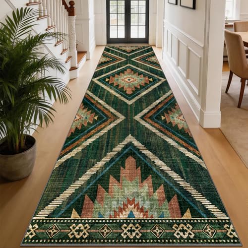 3x12Ft Boho Runner Rugs for Hallway Non Slip, Long Wide Green Geometric Washable Kitchen Rug Runner, Soft Moroccan Entryway Floor Carpets for Entrance Doorway Office Decor - color: Green, size: 3' x 12' (Rectangular)
