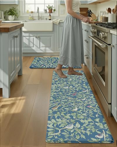LUMI Anti-Fatigue Kitchen Floor Mats Set of 2,Cushioned Comfort Standing Rug Waterproof 2PCS, Non-Slip Ergonomic Foam Runner for Sink, Laundry, Office & Home,17x29+17x59, - color: Blue Floral, size: 59"L x 17"W x 0.4"Th + 30"L x 17"W x 0.4"Th