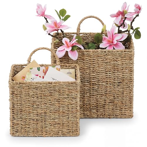 Set of 2 Wicker Hanging Basket for Organizing, Front Door, Mail, Flowers - Woven Wall Baskets for Storage (Natural Seagrass) - color: Natural Seagrass