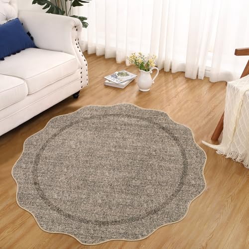 GarveeHome Scalloped Washable Round Rugs, Non-Slip Soft Round Rug 4ft Ultra-Thin, Small Boho Circle Stain Resistant Low Pile Carpet for Entryway Kitchen Bedroom Nursery Bathroom, Brown - color: Taupe, size: 4' (Round)
