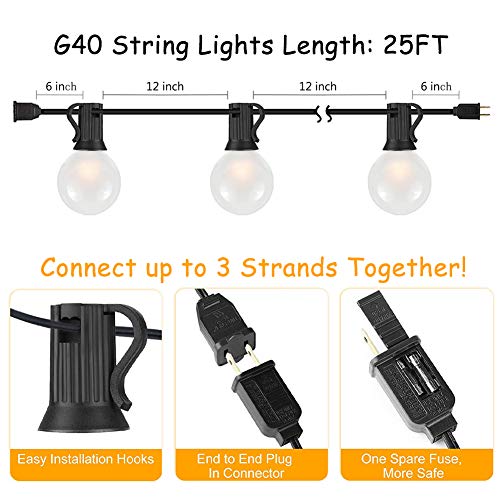 SUNSGNE 25Ft Outdoor Patio String Lights G40 with 27 Frosted White Globe Bulbs, Waterproof Connectable Hanging String Lights for Backyard Porch Balcony Party Christmas Decor, 5 Watt, Black Wire - color: Frosted White-Black, size: 25 Ft