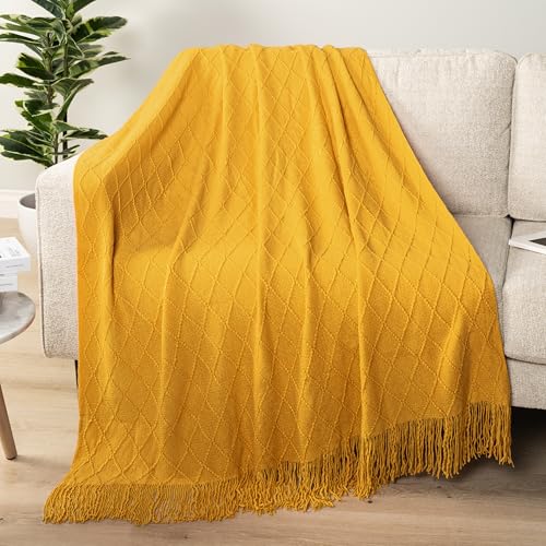 PAVILIA Mustard Yellow Knit Throw Blanket for Couch Bed, Soft Knitted Farmhouse Sofa Throw for Living Room, Lightweight Decorative Fall Throw Blanket for Chair, Outdoor Textured Boho Blanket, 50x60 - color: Mustard Yellow, size: 50 X 60 Inches - Throw