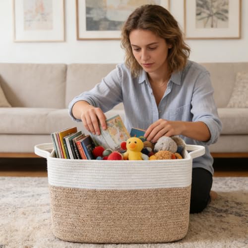 Large Blanket Basket,Woven Rope Basket Storage Bin with Handles,65L Rectangle Laundry Basket for Magazines,Toys,Clothes,Newspaper Shelf Organization,Nursery and Living Room,White & Brown - color: White & Brown, size: 21"x16"x12"(65L)