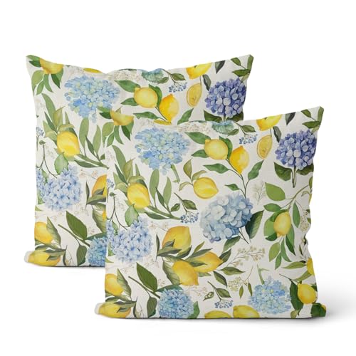 Blue Yellow Pillow Covers 16x16 Inch 2 Pcs Blue Hydrangea Floral Decor Throw Pillows Vintage Lemon Flower Seasonal Summer Outdoor Decoration Pillowcase Linen Cushion Cover for Couch Sofa - color: Blue Yellow Hydrangea Lemon Flower, size: 16" x 16" (Pack o