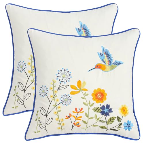 LUOYEHK Embroidered Throw Pillow Covers 18x18 Inch Set of 2 Blue Retro Flowers Birds Decorative Pillow Covers Spring Summer Flora Pillowcase Cushion Cover for Couch Sofa Bed Home Decor - color: Blue Yellow Flowers Bird