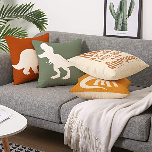 Dinosaur Rawr Means I Love You Home Decorative Throw Pillow Cover Set of 4, Inspirational Quote Cushion Case 18x18 for Boy Kid, Bedroom Nursery Sofa Couch Decor Dino Baby Shower Decoration Gifts - color: Dinosaur Rawr Means I Love You, size: 18" x 18" (Pa