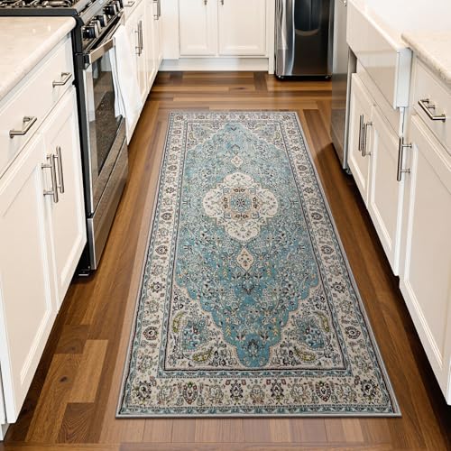 Lahome Felice Floral Medallion Area Rug - 2x4.3 Hallway Rug Runner Kitchen Sink Mat Turkish Faux Wool Non-Slip Washable Low-Pile Carpet for Indoor Laundry Bedroom Entrance Bathroom, Sky/Baby Blue - color: Sky/Baby Blue, size: 2' x 4'4" (Runner)