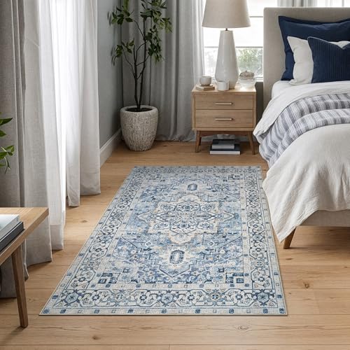 Bloom Rugs Caria Washable Non-Slip 3x5 Rug - Blue Traditional Area Rug for Living Room, Bedroom, Dining Room, and Kitchen - Exact Size: 3' x 5' - color: Blue, size: 3' x 5' (Rectangular)