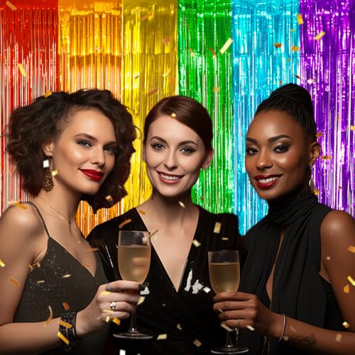 DECOCKRAT 2 Pack Foil Fringe Backdrop - Combo Rainbow Shiny Tinsel Curtains for Party Decoration/Photo Booth Props - 3.3x6.6 FT Metallic Foil Backdrop for Birthday, Wedding, Graduation, Christmas. - color: Combo Rainbow