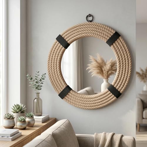 12" Inch Round Rustic Farmhouse Boho Shabby Chic Wall Hanging Mirror with Natural Jute Rope Decor Accent for Entryway, Bedroom, or Living Room (Color 3) - color: Color 3