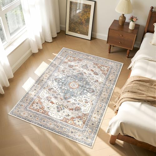 4x6 Area Rugs Washable Rug: Boho Large Neutral Vintage Soft Rug Stain Resistant Distressed Farmhouse Non-Slip Indoor Floor Carpet for Bedroom Entryway Nursery Kids Office Dining Room- Beige Blue - color: Beige Blue, size: 4' x 6' (Rectangular)